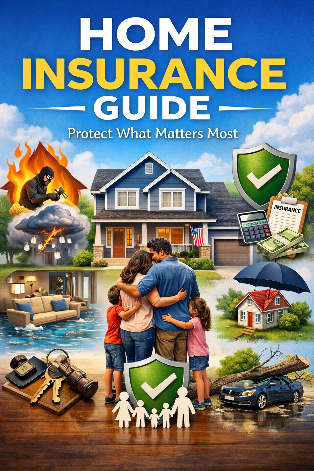 House protected by an insurance shield and umbrella symbolizing home insurance coverage and financial security.