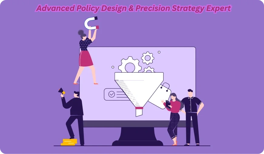 Illustration representing an expert designing advanced, precision-based policy strategies using digital tools, analytics, and risk intelligence.