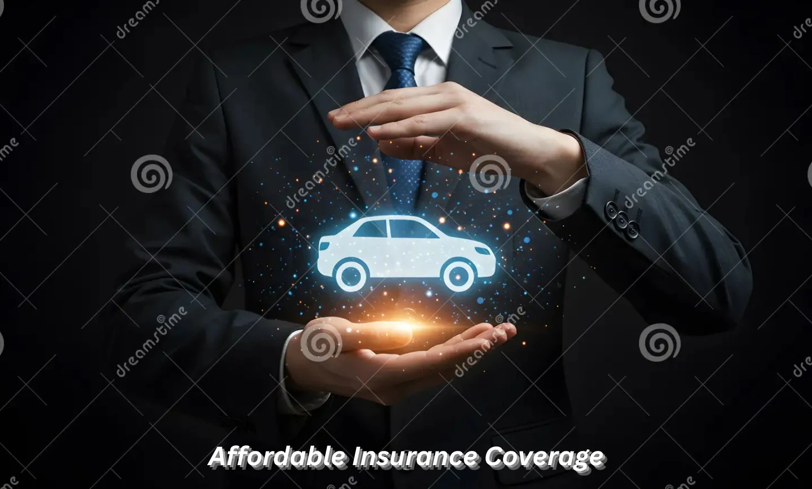 A businessman in a suit holding a glowing digital car icon between his hands, symbolizing car insurance protection.