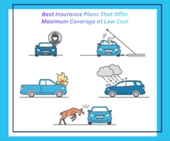 Happy family comparing affordable insurance plans online with icons showing health, car, and home coverage and rising savings graph.