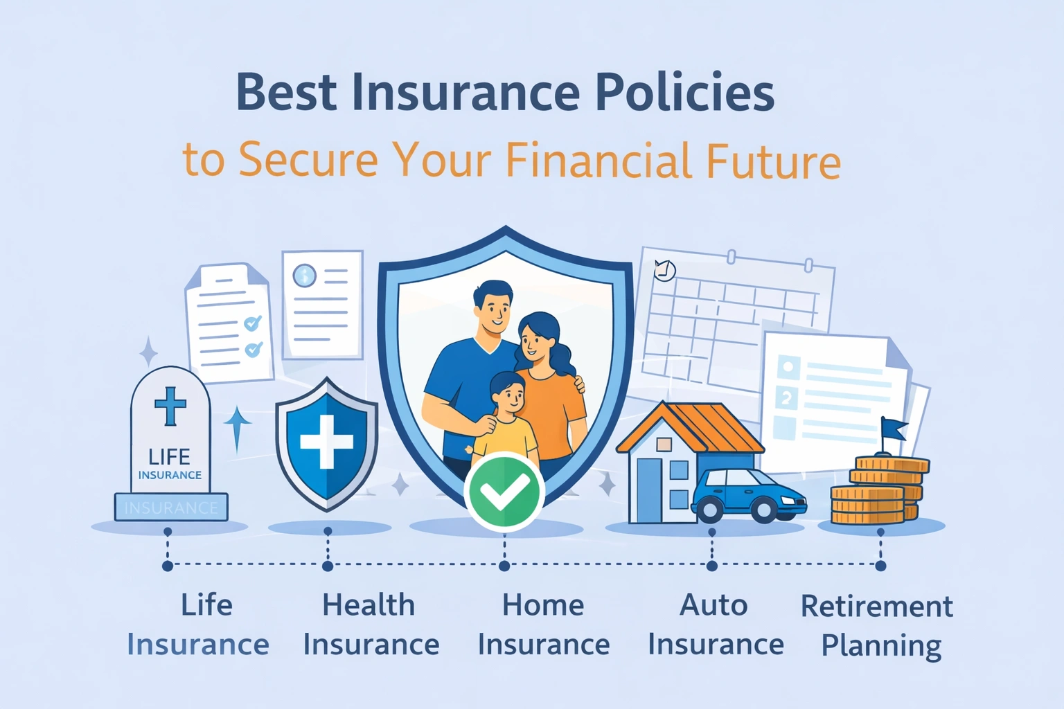illustration showing a family protected by a shield with life, health, home, auto, and retirement insurance icons representing financial security