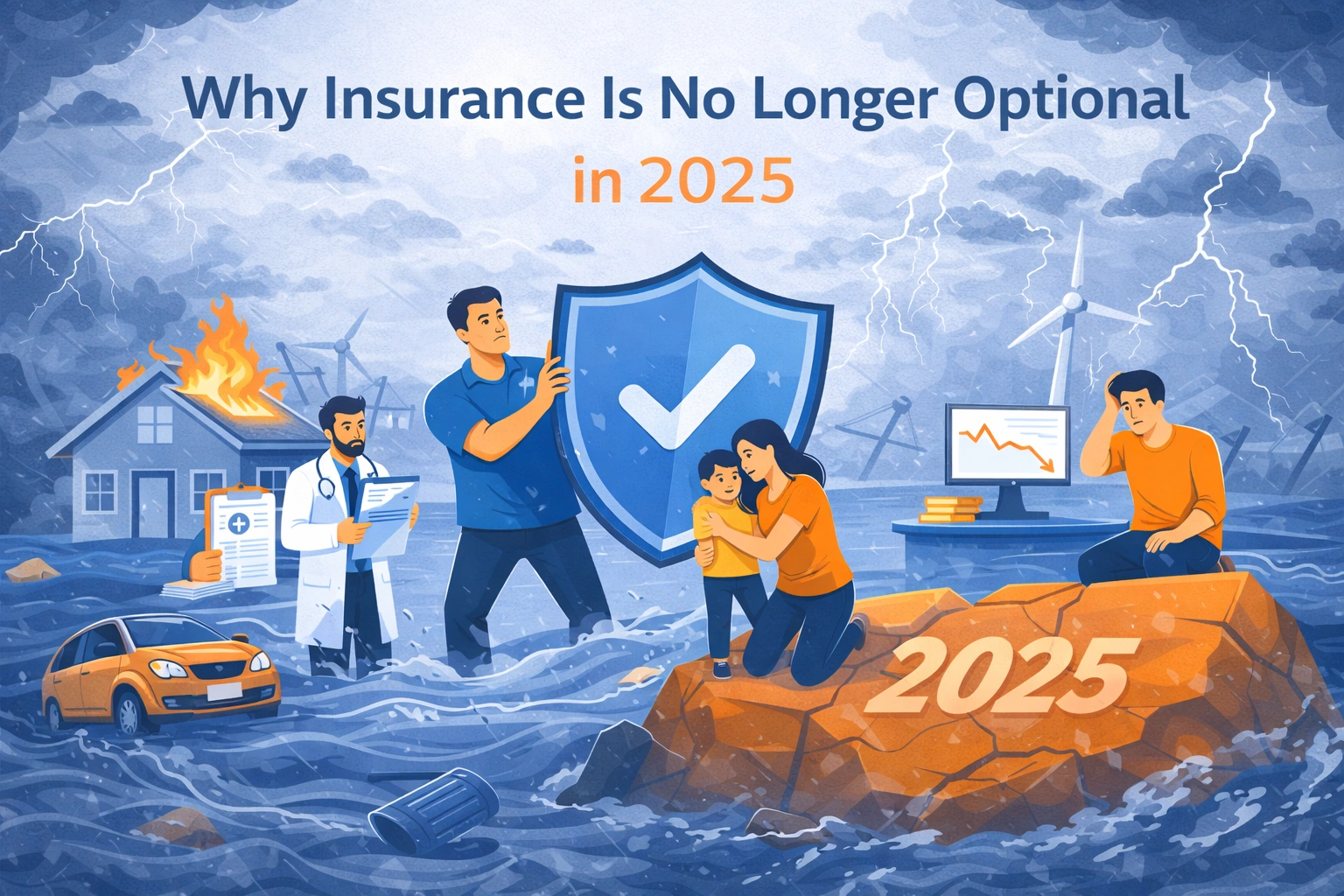 Illustration showing people protected by a large insurance shield during floods, fire, medical emergencies, and financial losses in 2025.