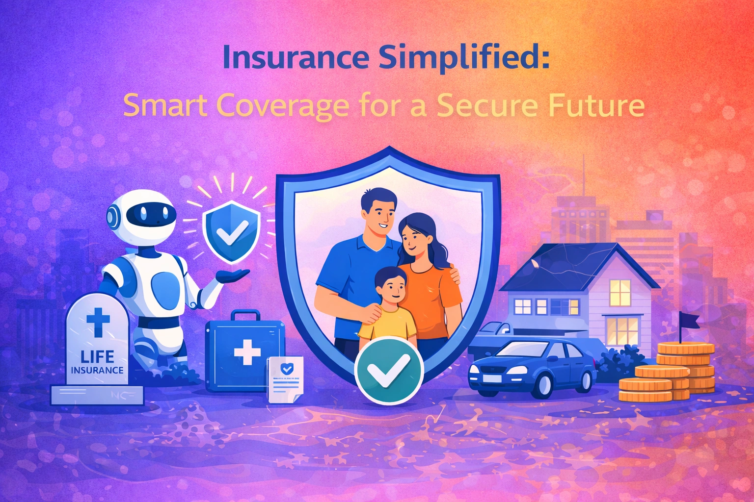 colorful illustration showing a family protected by an insurance shield with health, life, home, car, and financial icons representing smart insurance coverage