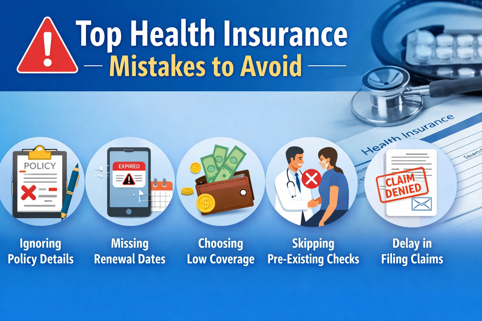 Top health insurance mistakes to avoid including low coverage, missed renewals, and claim delays