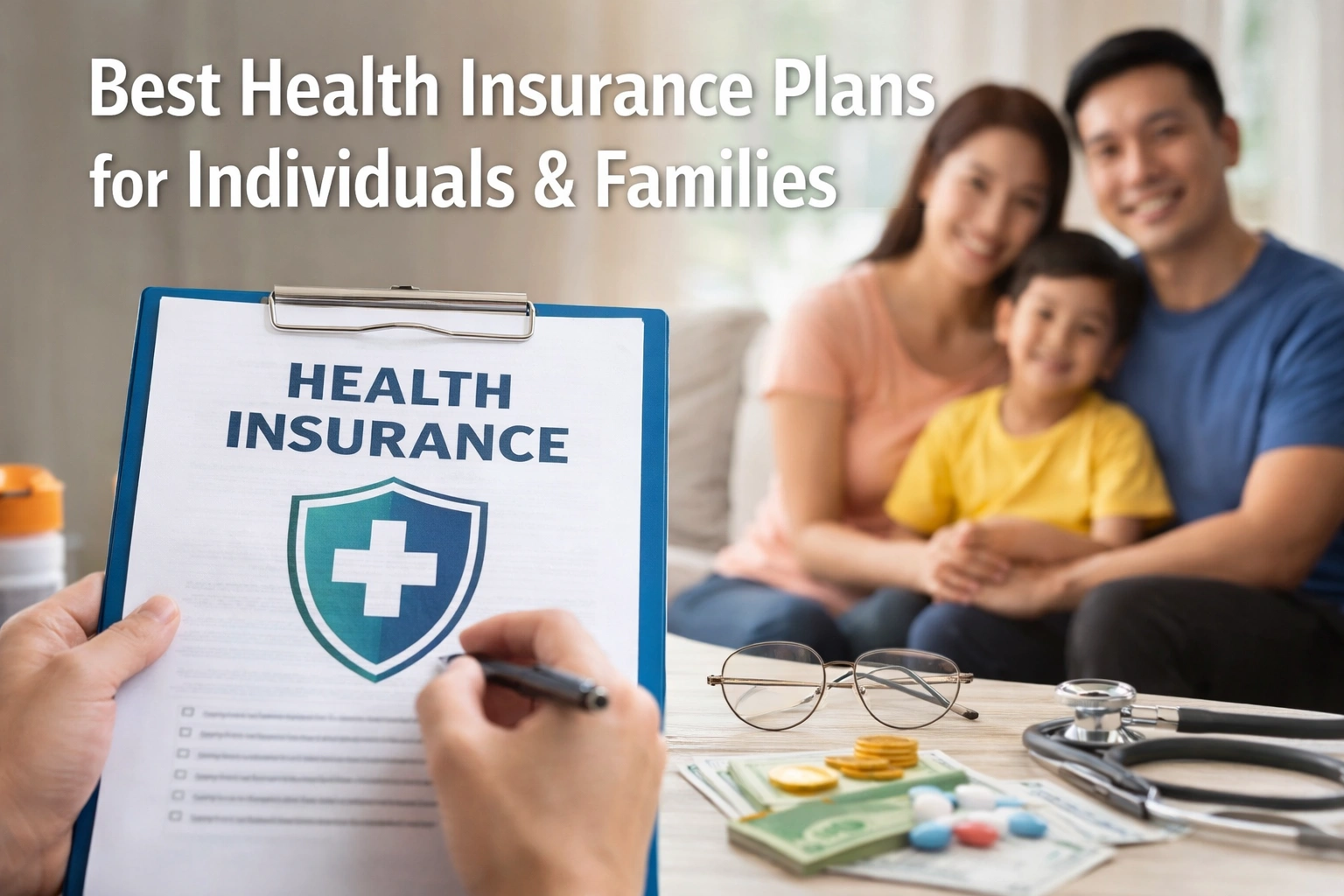 Best health insurance plans for individuals and families showing a family sitting together while a health insurance document with a shield symbol is signed on a clipboard