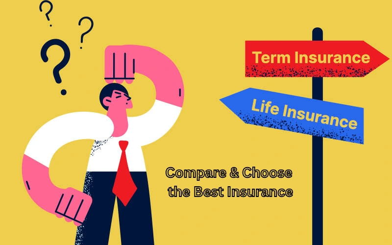 Illustration of a confused man deciding between term insurance and life insurance with directional signboards.