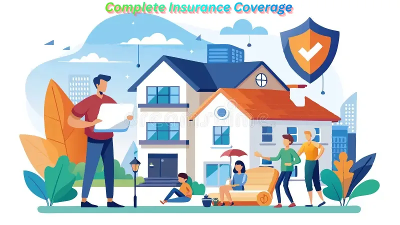 Illustration of a family in front of a modern house with a large shield icon representing complete insurance coverage.