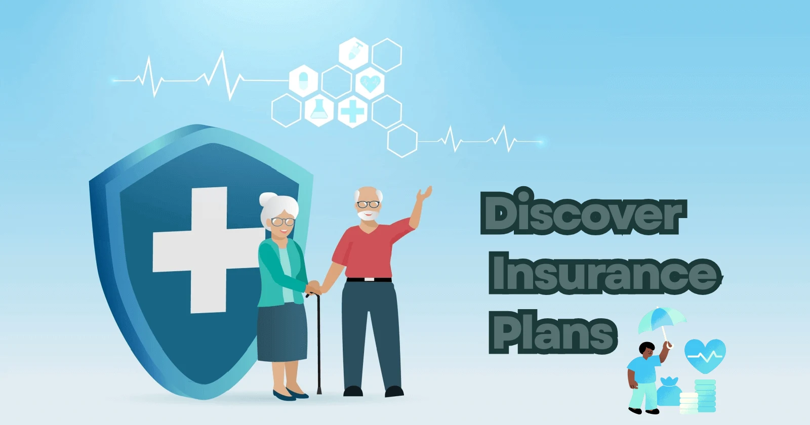 "Elderly couple standing beside a large medical shield icon with health symbols in the background and text reading 'Discover Insurance Plans'."