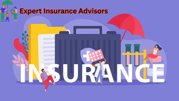 Illustration of people interacting with large insurance-related icons including a briefcase, umbrella, documents, and medical supplies.