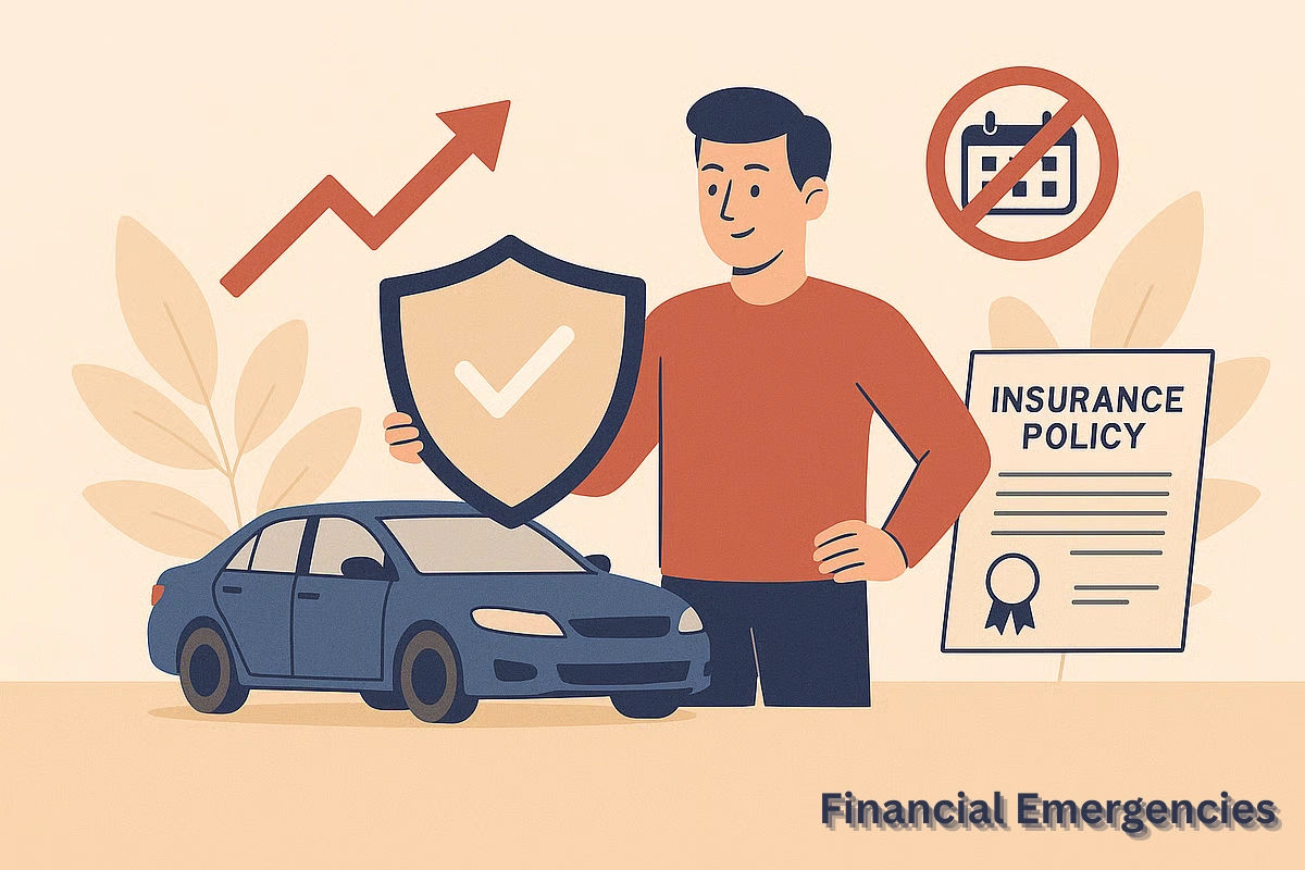 family protected by insurance umbrella during financial emergency with hospital, car, and home symbols