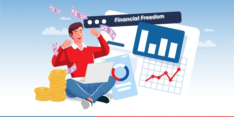 Financial freedom concept illustrated with insurance protection, family security, and long-term financial stability