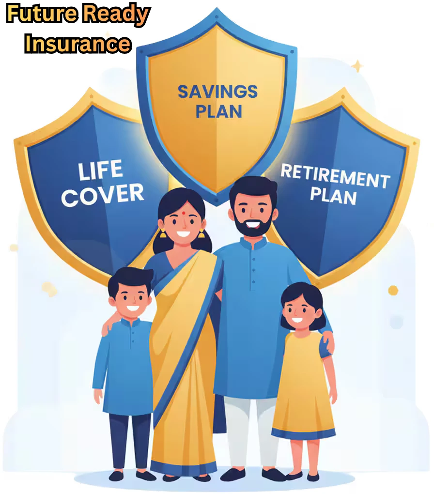 “Illustration of an Indian family standing together with shields labeled Life Cover, Savings Plan, and Retirement Plan representing future-ready insurance protection.”