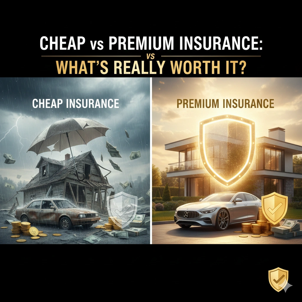 Comparison of cheap vs premium insurance showing a damaged house and old car under a storm versus a protected modern home and luxury car with shield icons