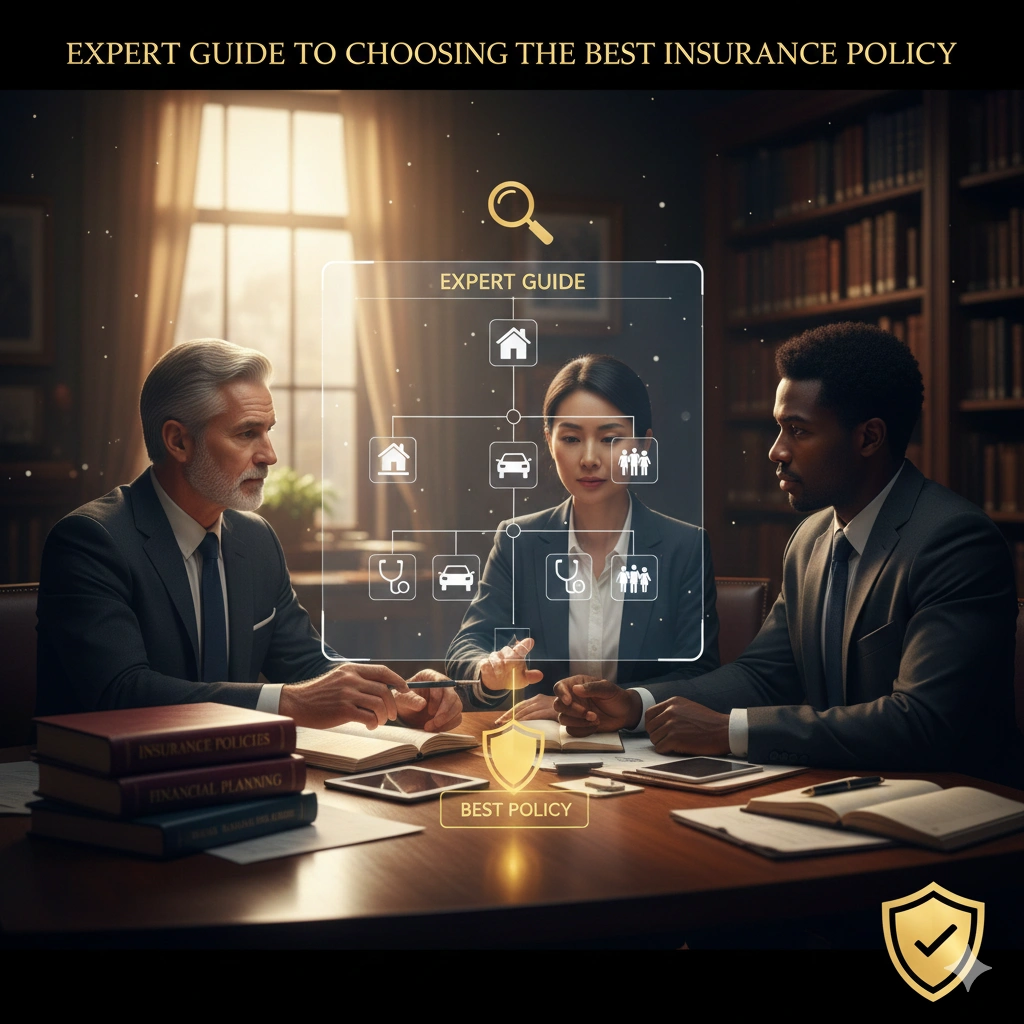 Financial experts discussing insurance policy options at a table with digital icons showing home, car, health, and family coverage