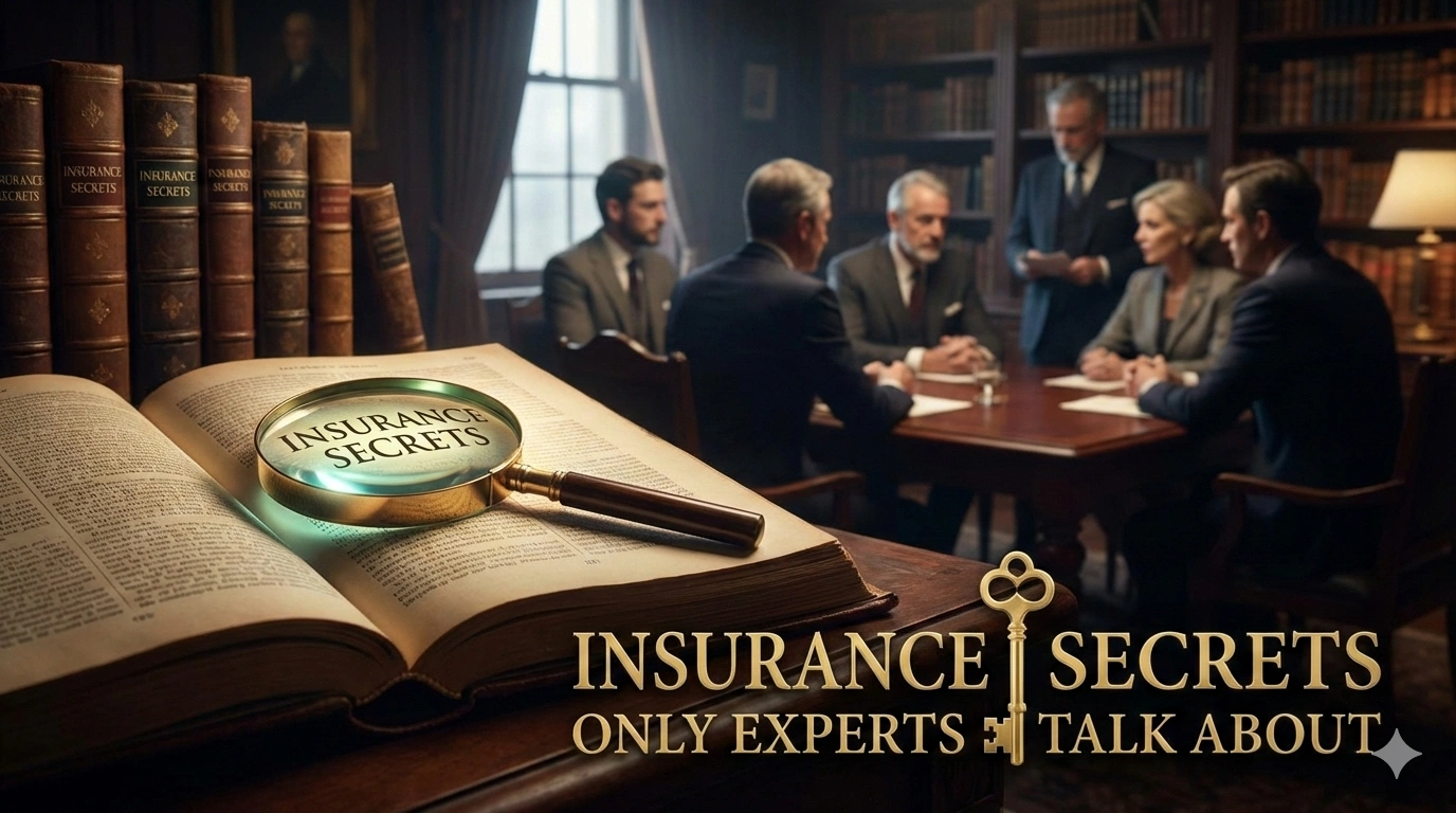 Magnifying glass highlighting the words “Insurance Secrets” on an open book, with insurance experts in a formal meeting room discussing policy strategies in the background