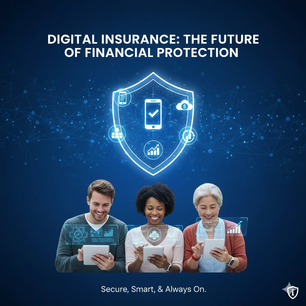 Digital insurance platform showing online policy management, instant claims, secure financial protection, and technology-driven insurance services.