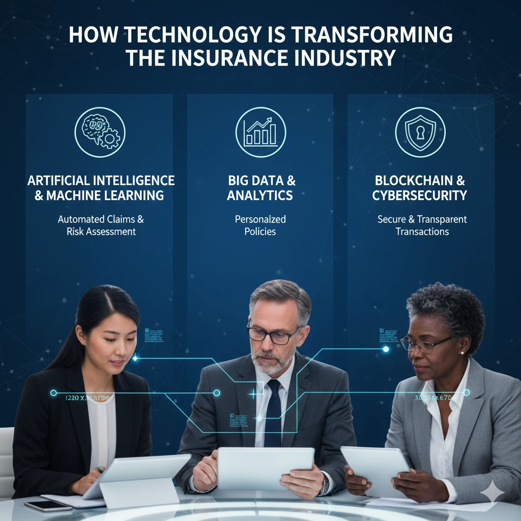 Digital technology transforming the insurance industry through AI, data analytics, mobile apps, and automated online insurance services.