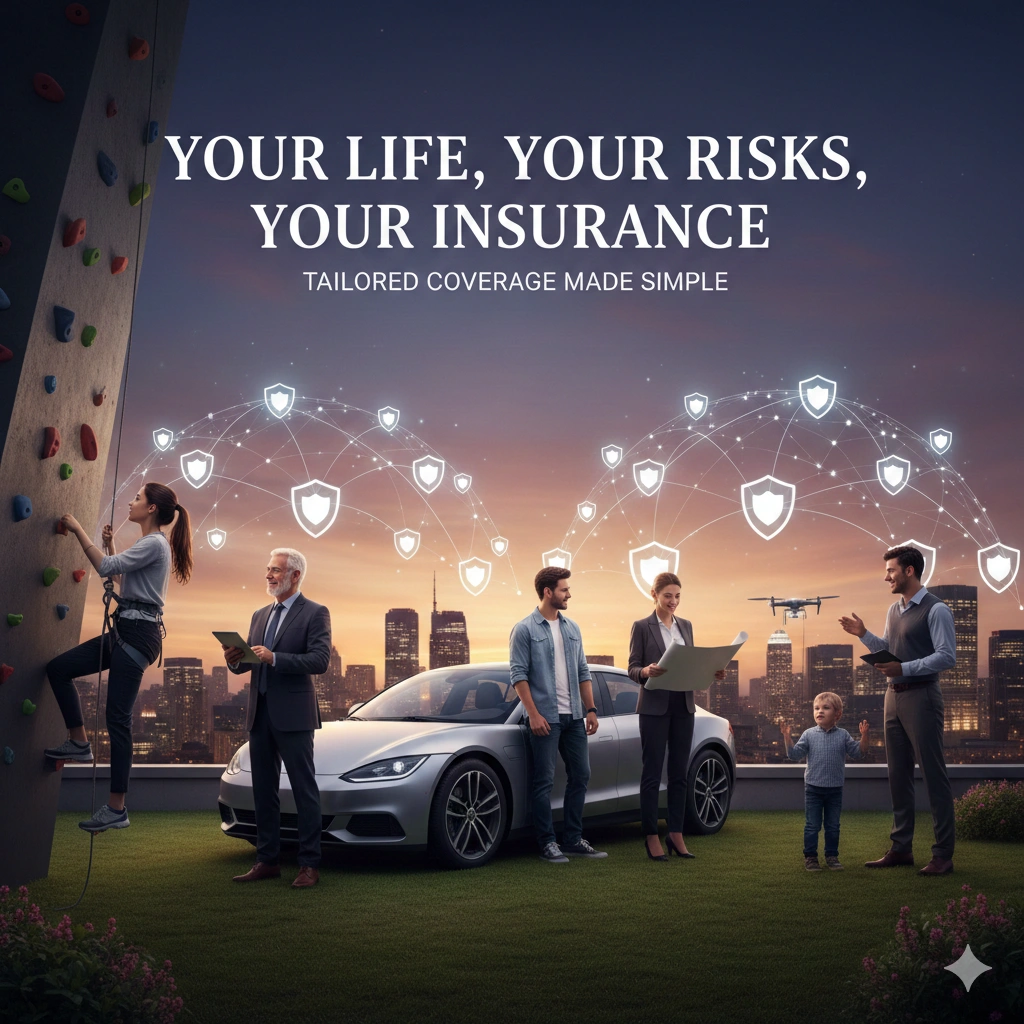 Personalized insurance concept showing people of different ages and lifestyles protected by digital shields, with car, family, and city backdrop.