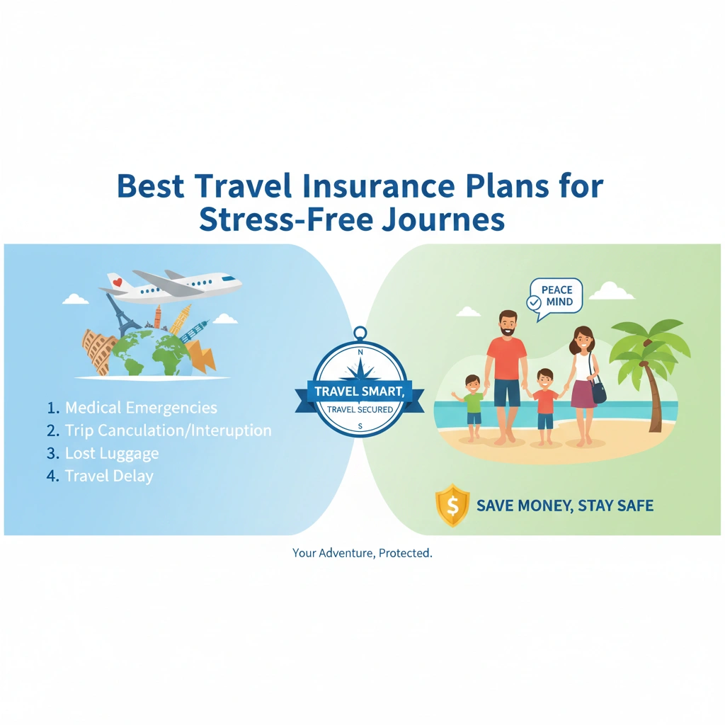 Traveler using a smartphone to review travel insurance plans, showing trip protection, medical coverage, and stress-free travel benefits.
