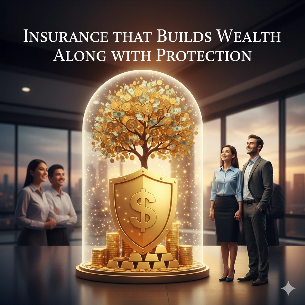 Family protected by an insurance shield while investment coins and a rising graph show wealth growth and financial security.