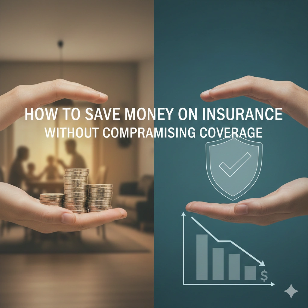 Family reviewing insurance options on a laptop with icons showing savings, full coverage, and financial security.