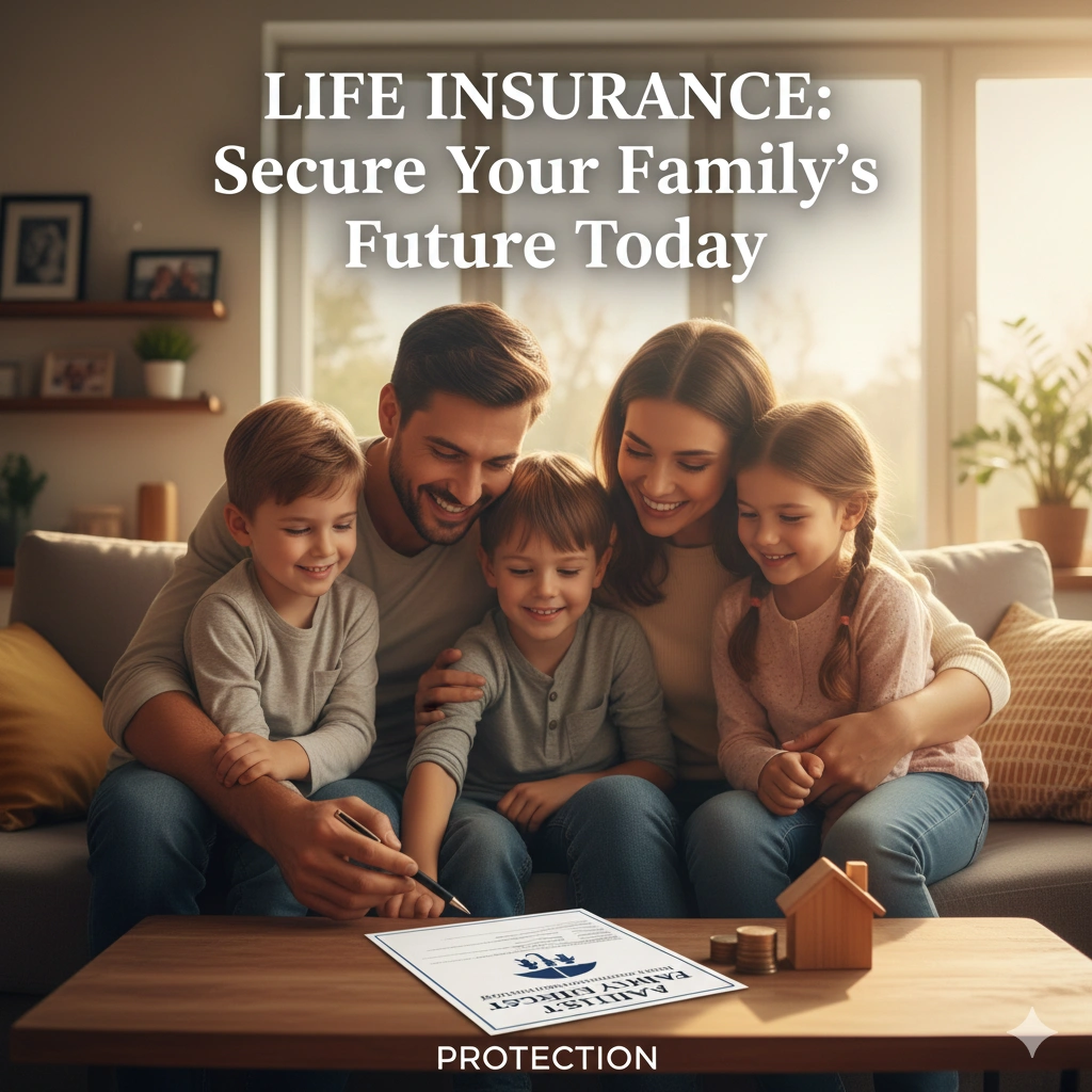 Family standing together under a life insurance shield, symbolizing financial protection and future security.
