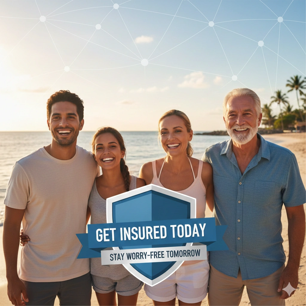 Get insured today concept showing a protected family, health care security, financial safety, and peace of mind for a worry-free future through insurance coverage.