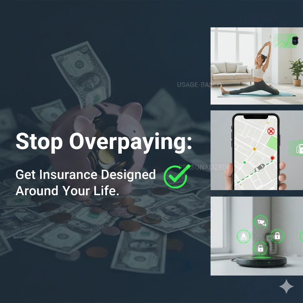 Stop overpaying for insurance concept showing a piggy bank with money, lifestyle imagery, smart tracking app, and personalized insurance icons.