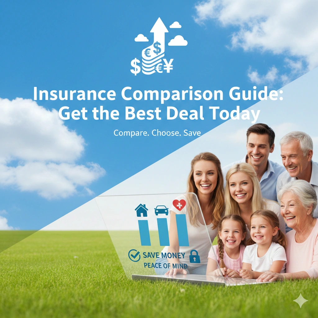 Family comparing insurance plans online using a laptop, showing savings, financial growth, and peace of mind.