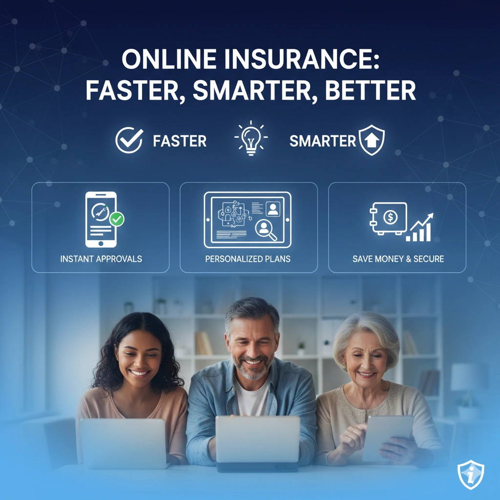 People of different age groups using laptops and tablets to access online insurance services, with icons showing instant approvals, personalized plans, and cost savings.