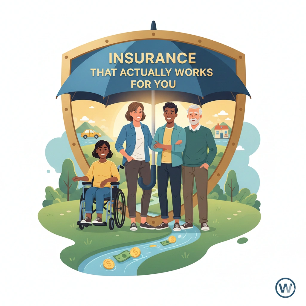 Illustration of a diverse family protected under an insurance umbrella symbolizing comprehensive health, life, and financial insurance coverage.