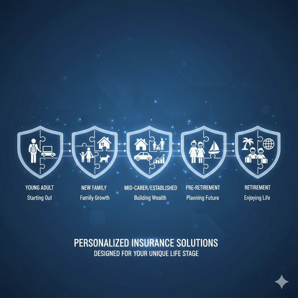 People at different life stages protected by personalized insurance solutions tailored to their unique needs.