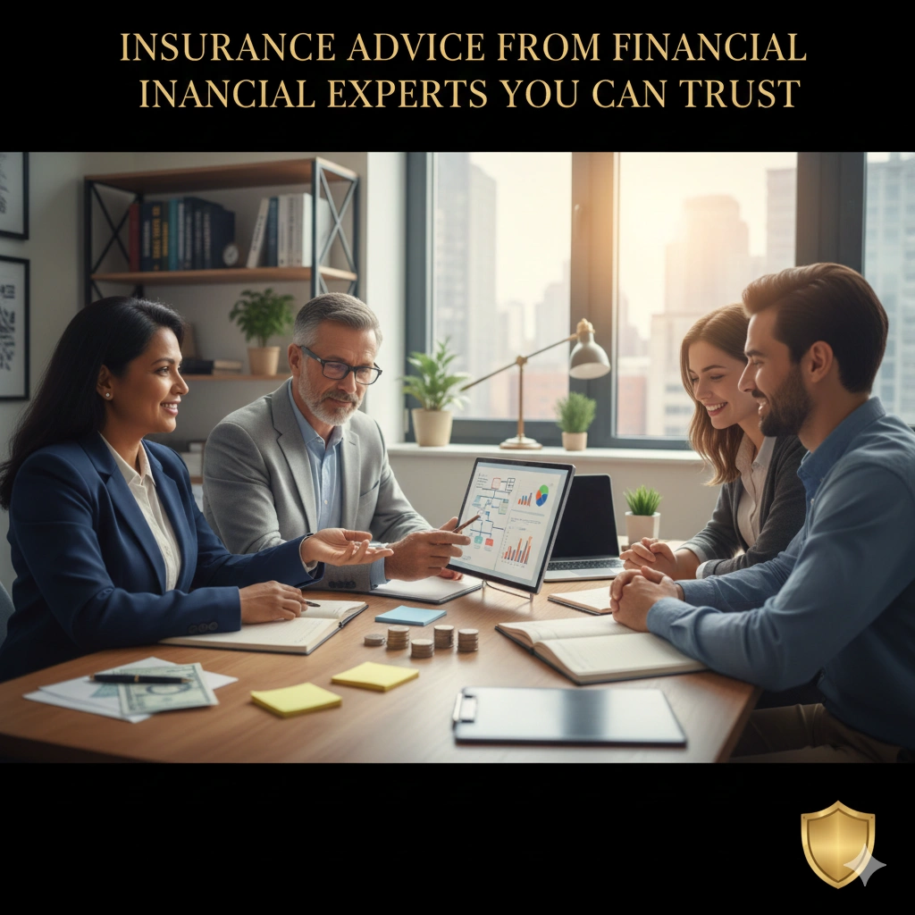 Financial experts reviewing insurance documents and discussing policy options, showing trusted insurance advice and professional guidance
