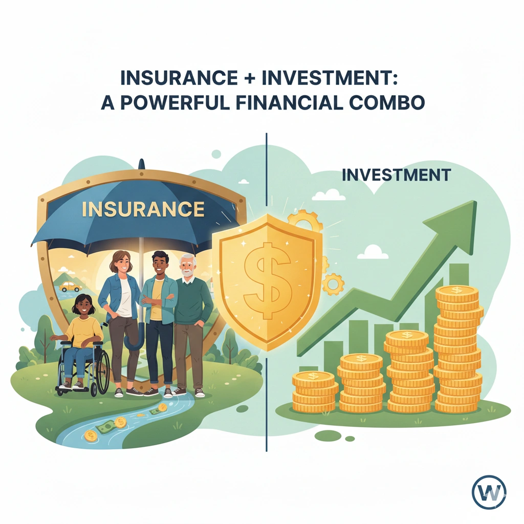 Illustration showing a family protected under an insurance umbrella alongside rising investment coins and an upward growth arrow.