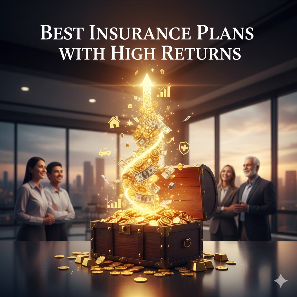 Illustration showing a family protected by insurance alongside growing investment coins and an upward financial growth arrow.