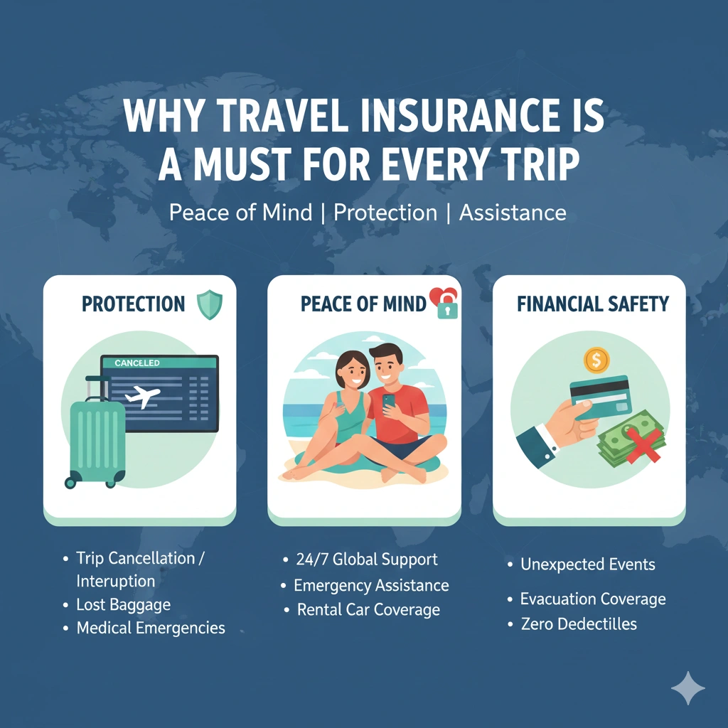 Traveler checking travel insurance details on a smartphone, highlighting trip protection, medical coverage, and safe travel planning.