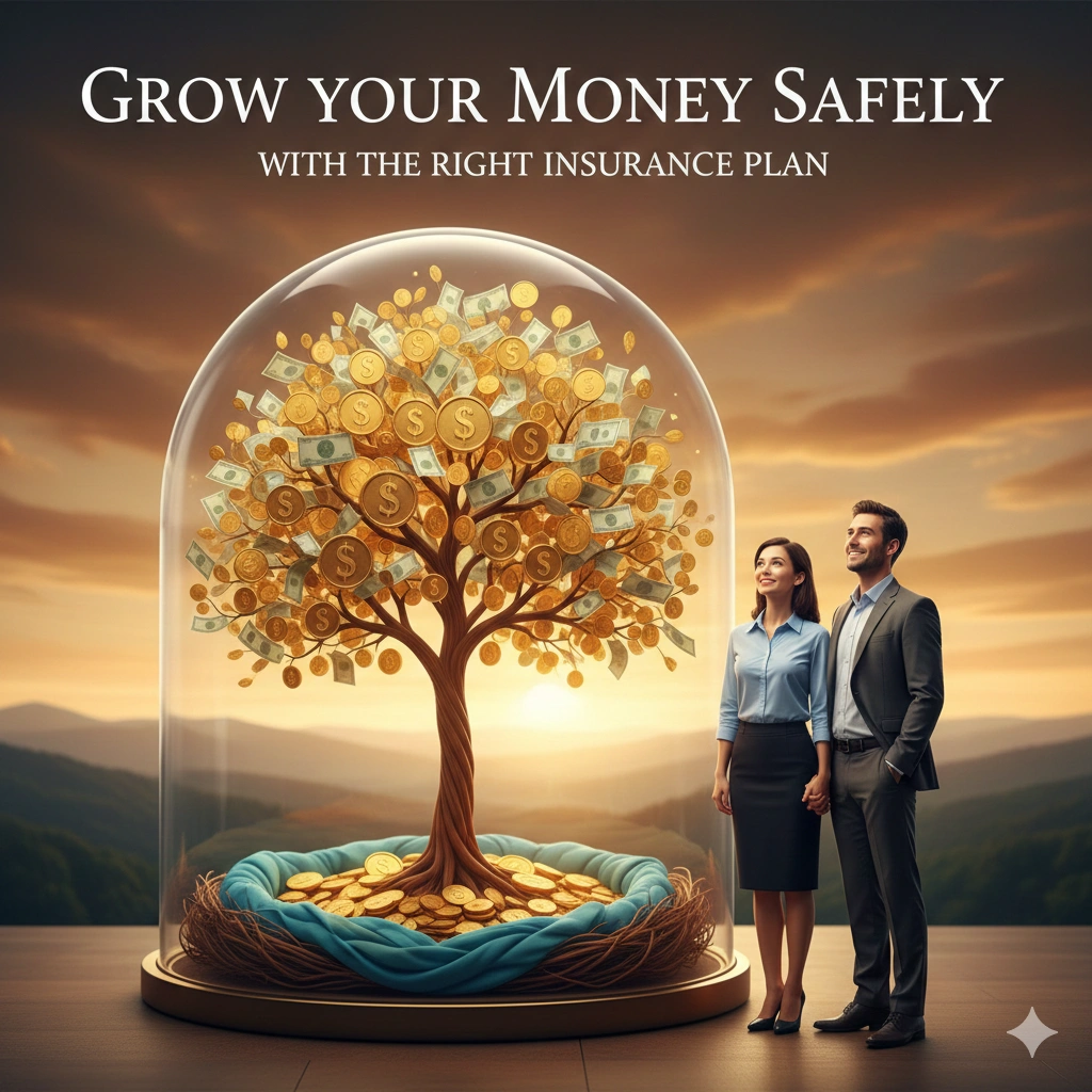 Couple looking at a protected money tree growing under a glass dome, symbolizing safe financial growth with the right insurance plan.