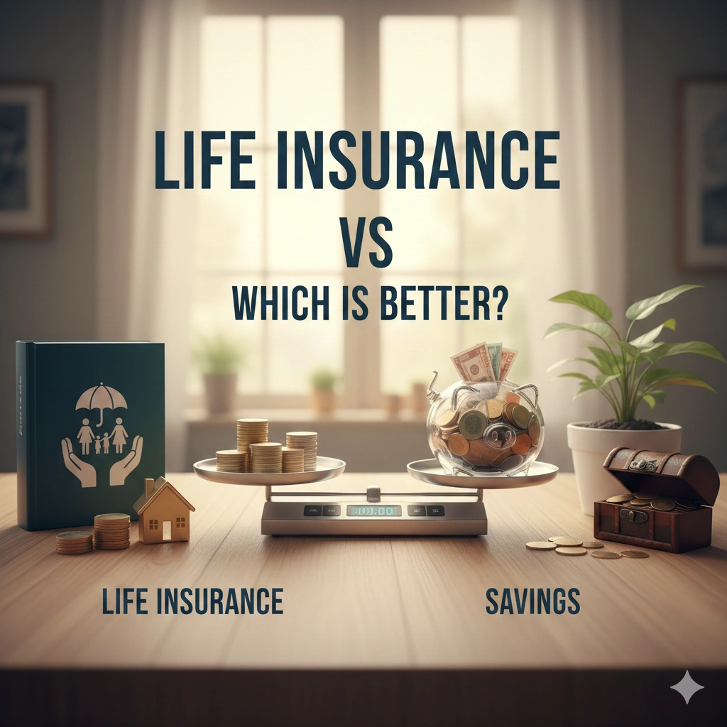 Comparison illustration showing life insurance protection versus savings growth with coins, shield, and family security.