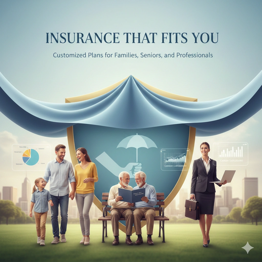 Families, seniors, and professionals shown with customized insurance plans tailored to their specific needs.