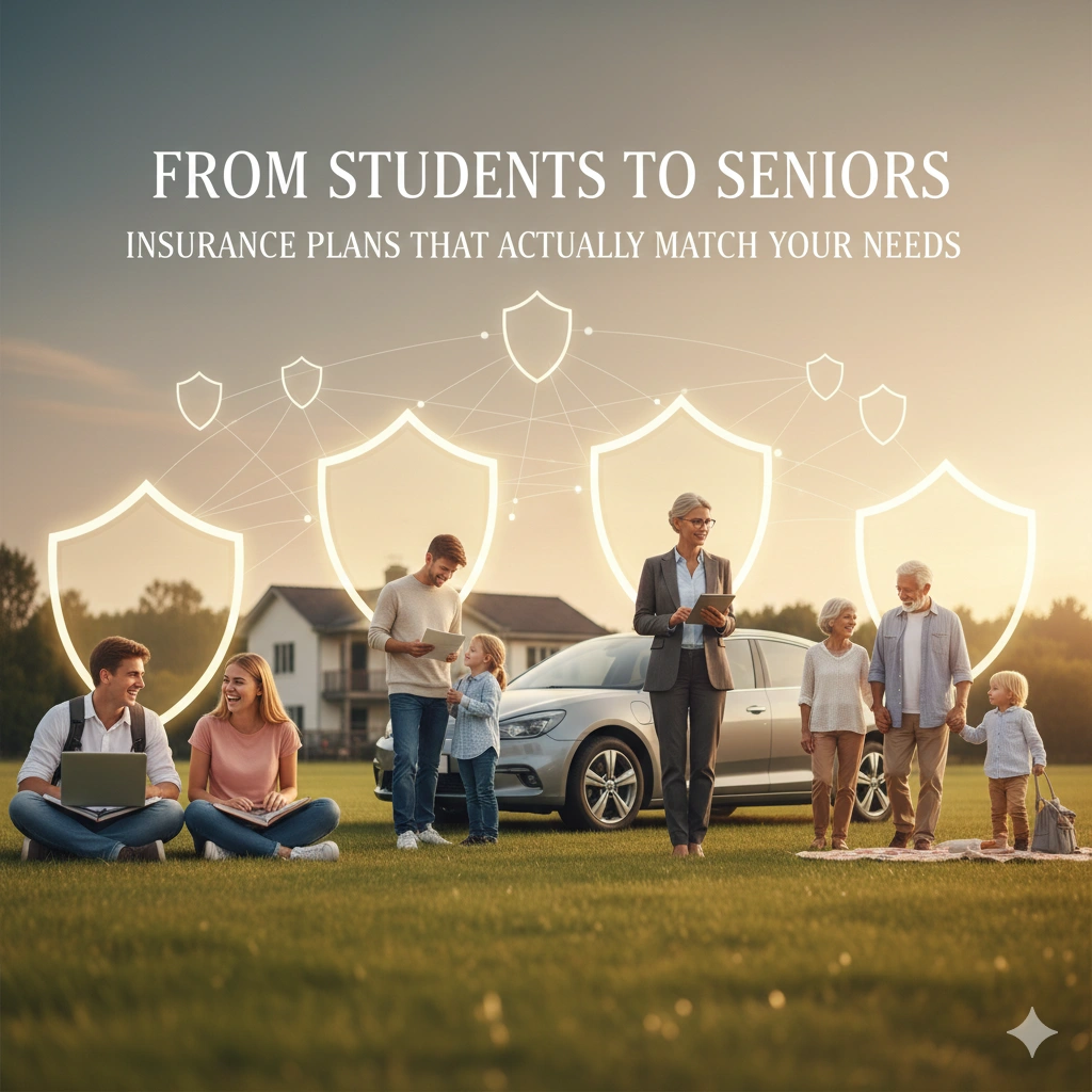 Personalized insurance plans for all ages showing students, families, and seniors protected by digital shield icons.
