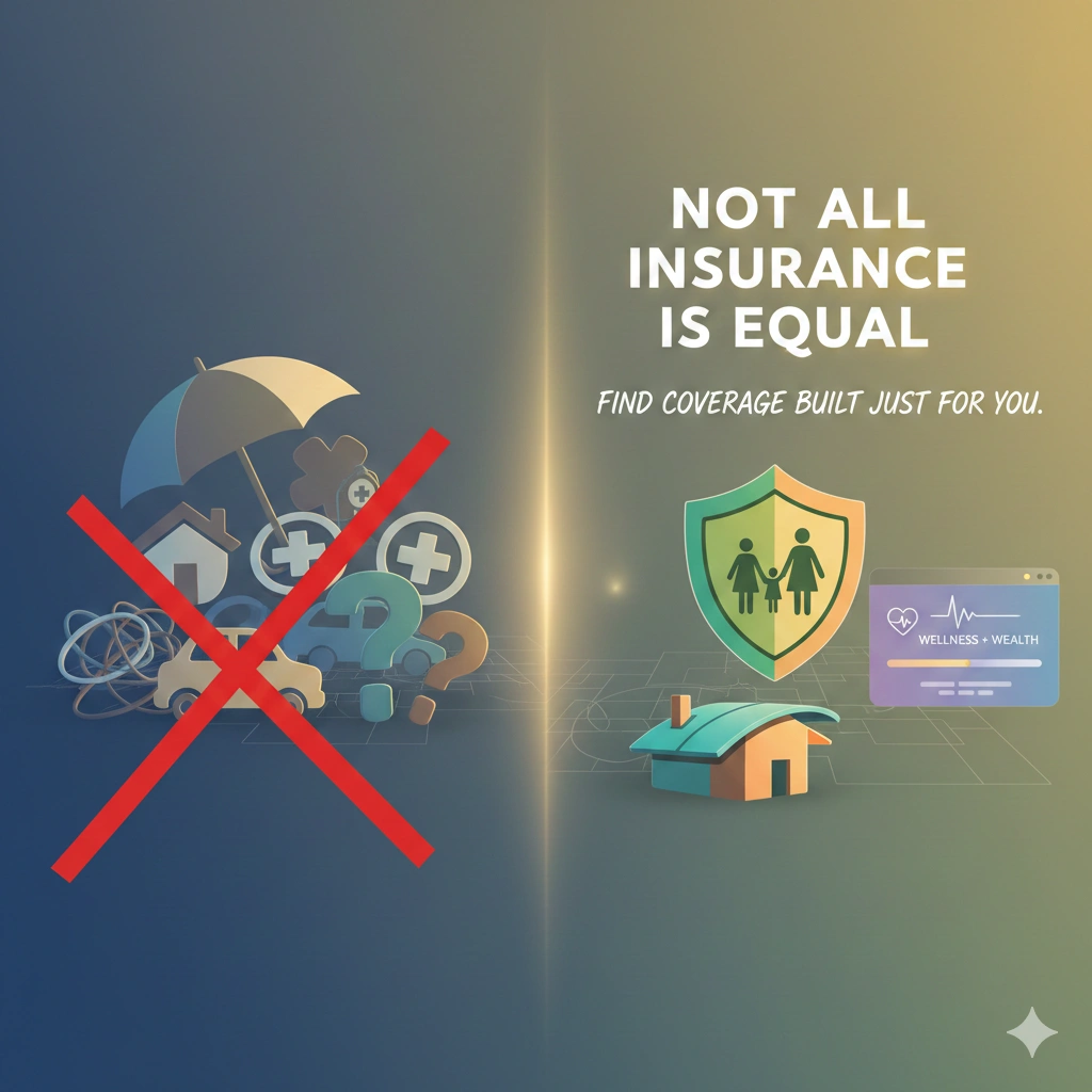 Comparison showing generic insurance crossed out versus personalized insurance protecting family, home, health, and finances.