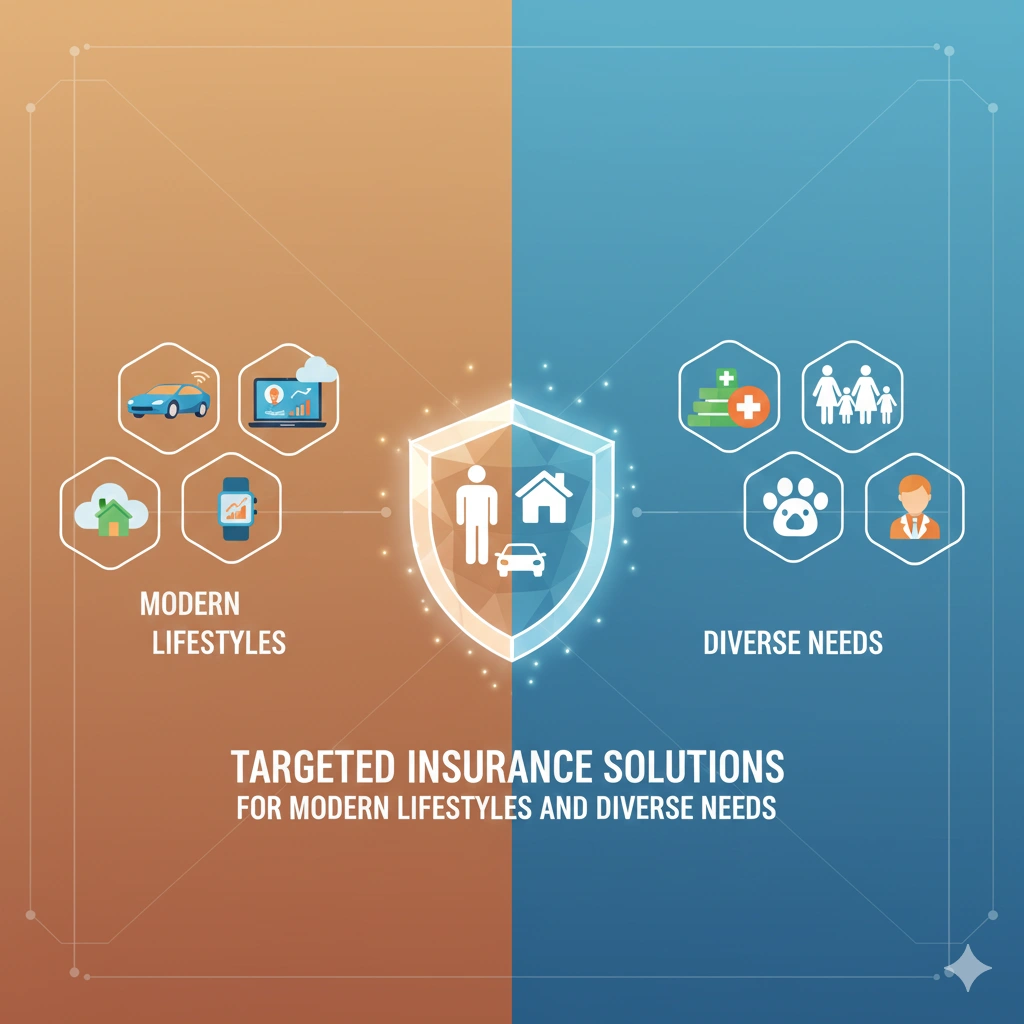 Targeted insurance solutions illustrating modern lifestyles and diverse needs protected by a central shield.