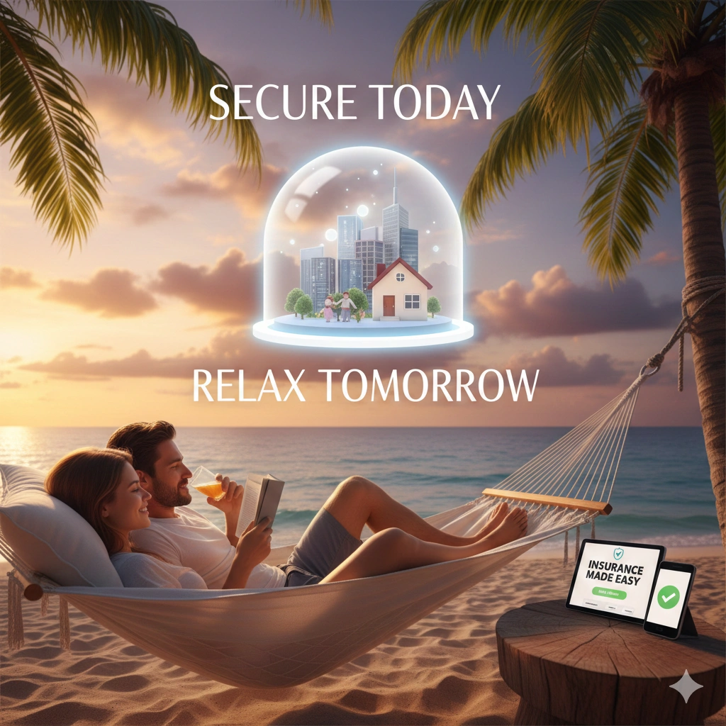 A relaxed couple lying in a hammock on a tropical beach while using a mobile device for insurance, symbolizing financial security, stress-free living, and future protection under a transparent safety dome showing a home and city.