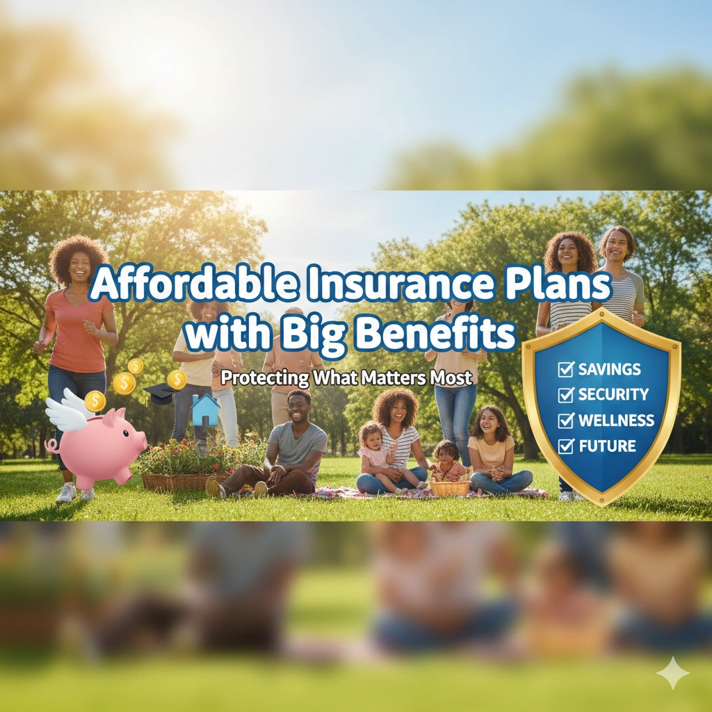 Happy families enjoying a park picnic with icons representing affordable insurance savings, security, wellness, and future protection