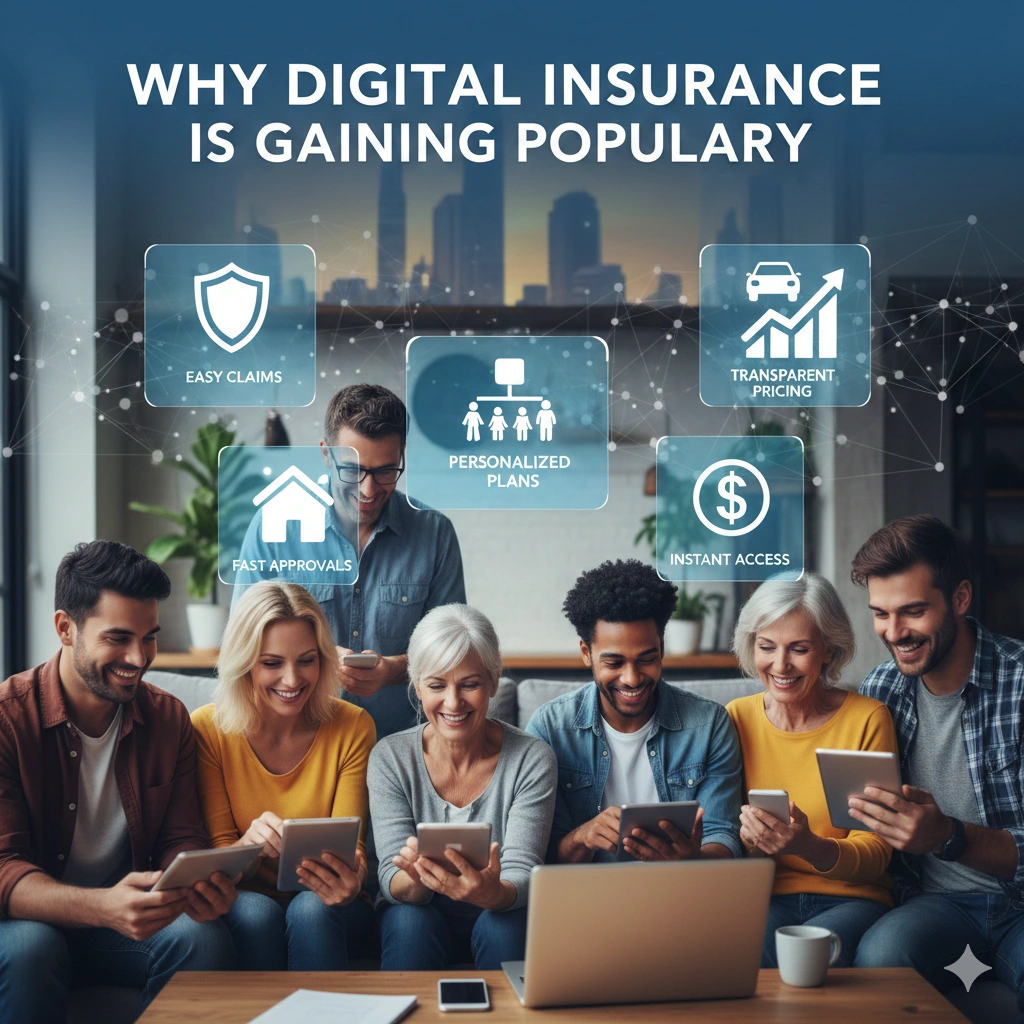 Group of diverse people using smartphones and a laptop together, with digital icons showing insurance benefits like easy claims, personalized plans, transparent pricing, and instant access.