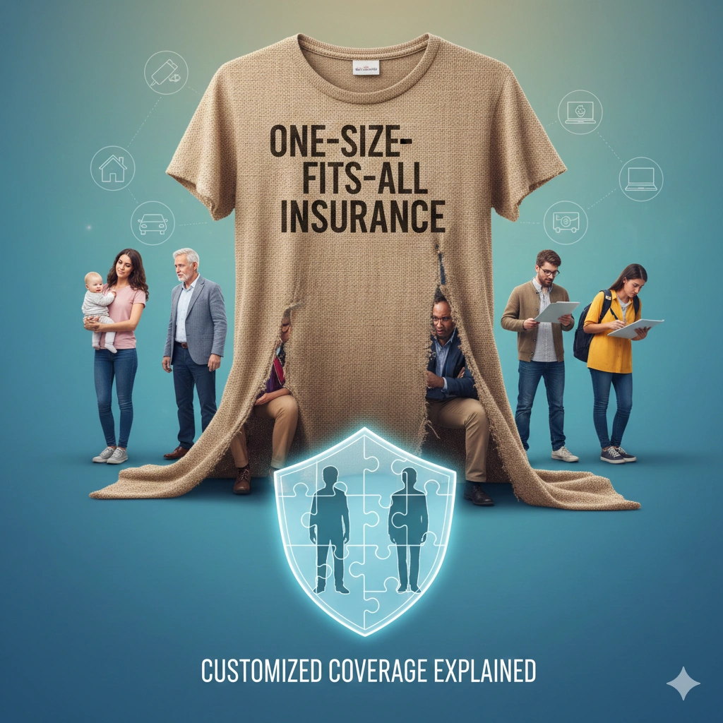 Illustration showing the shift from one-size-fits-all insurance to customized coverage based on individual lifestyles and risks.