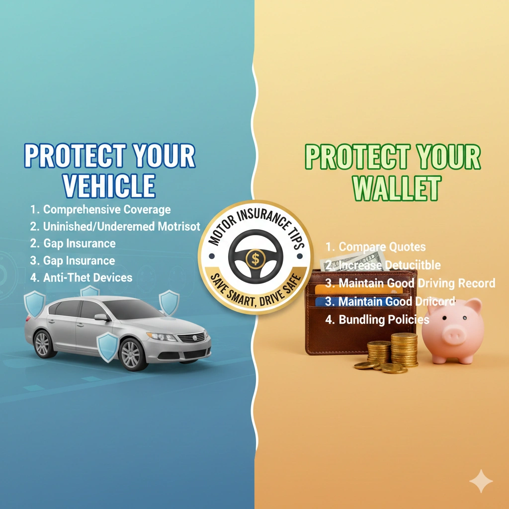 Car owner reviewing motor insurance policy on a mobile app, showing coverage options, premium savings, and vehicle protection features.