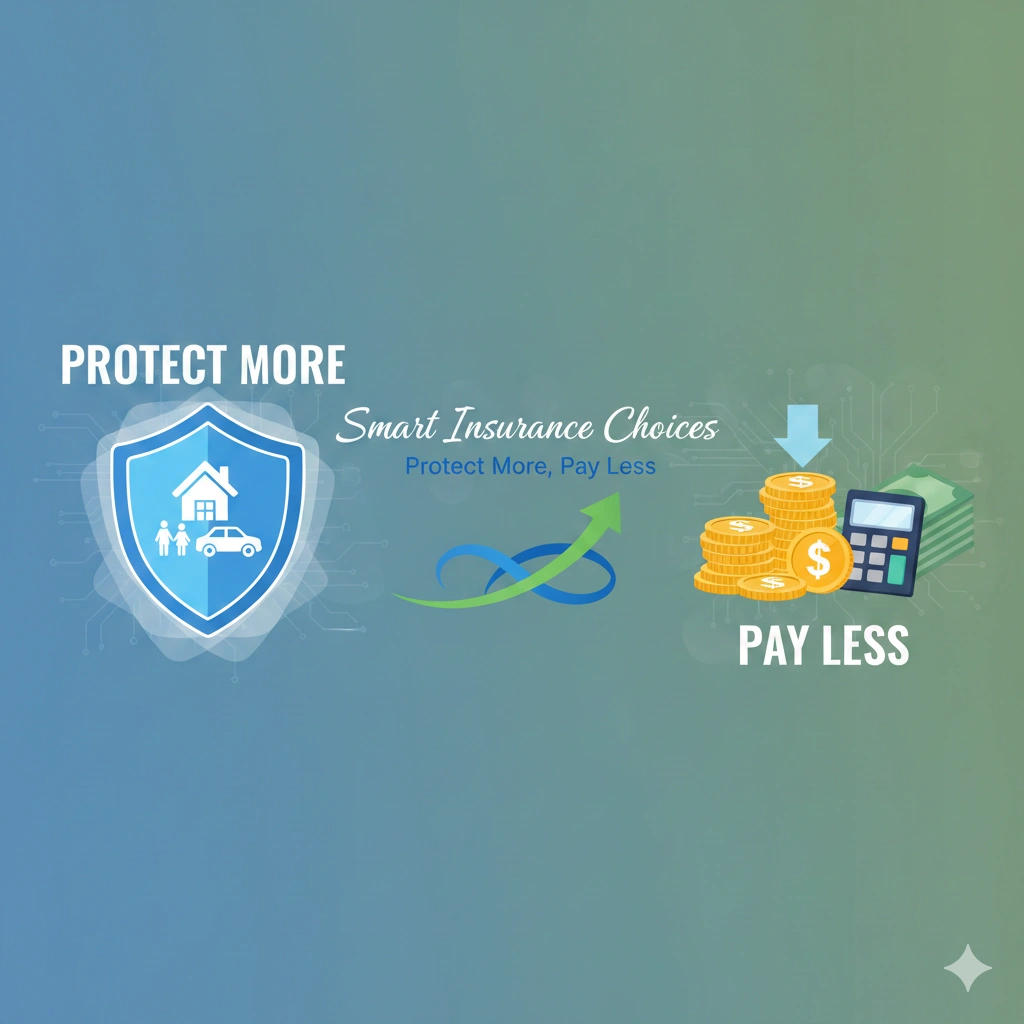 Smart insurance choices concept showing financial protection, family safety, health coverage, and savings by paying less while getting maximum insurance benefits.
