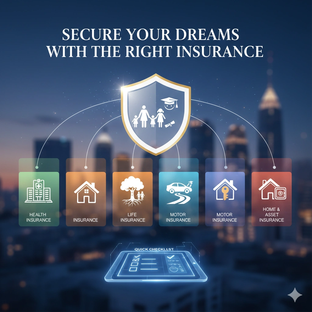 Secure your dreams with the right insurance illustration showing a protective shield over a family, connected to health, life, motor, and home insurance icons.