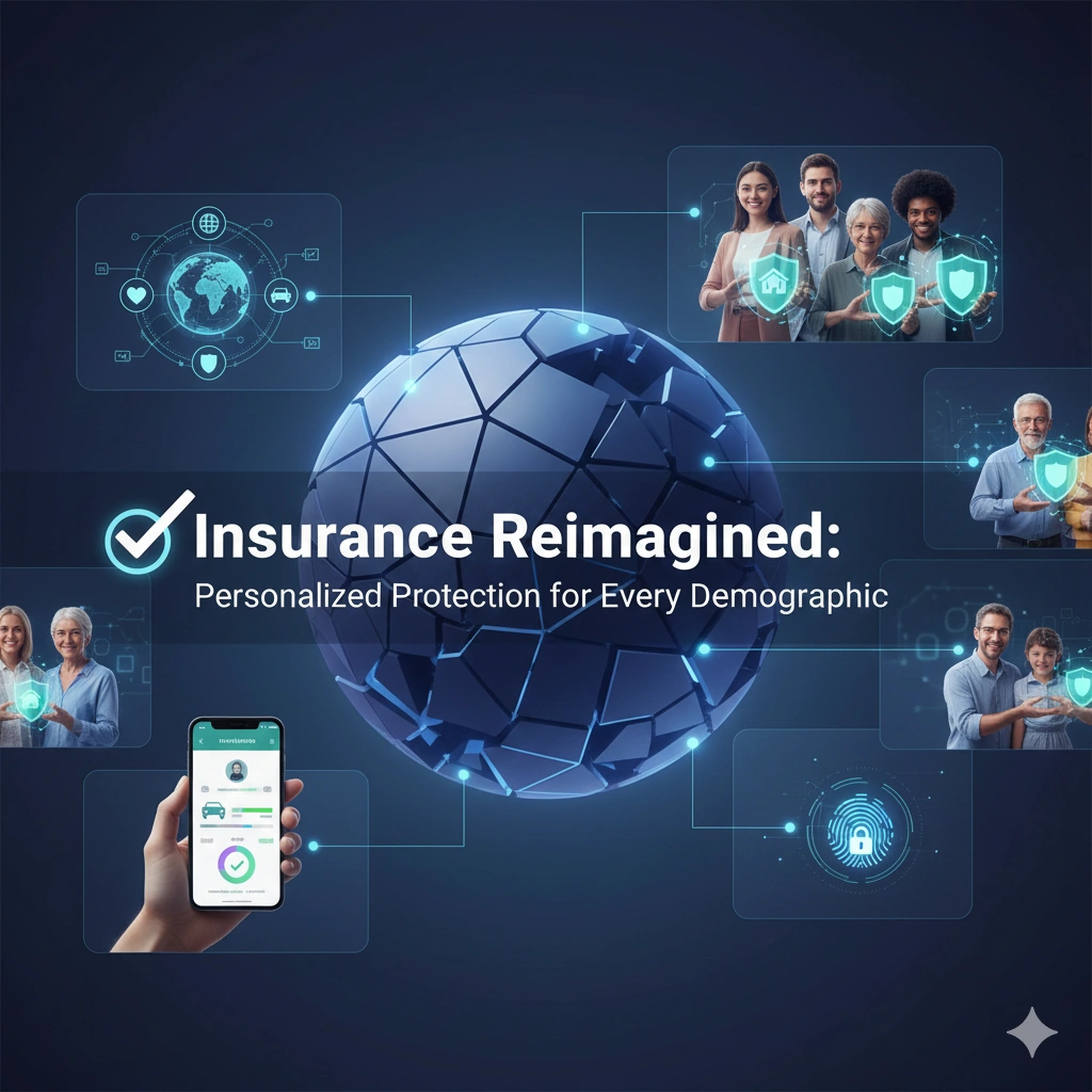 Insurance reimagined concept showing diverse people protected by digital shields, a connected globe, and a mobile insurance app.